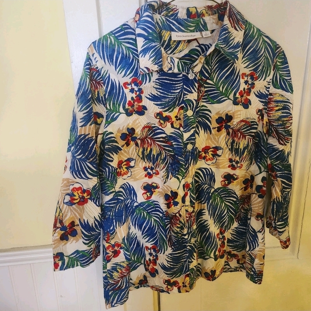 Breckenridge Blouse Size Large Button Down Shirt Cotton Hawaiian Tropical Beach